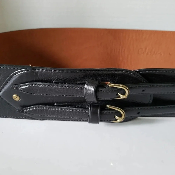 Cole Haan Womans Black Leather Wide Dual Buckle Belt,Size L. - Picture 3 of 6